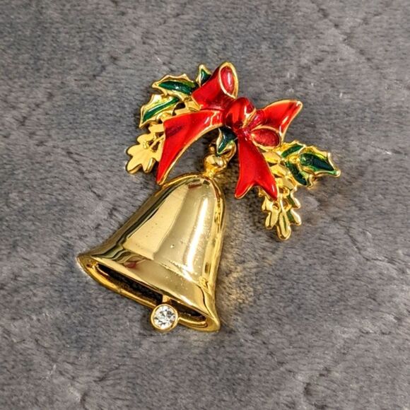 Vintage 1980's Goldtone Holiday Bell with Red Ribbon Brooche - Picture 3 of 8